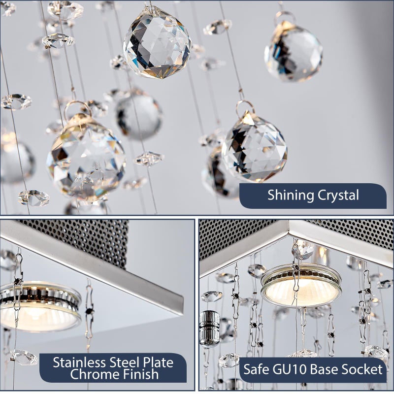 Bestier Chrome Modern Crystal Square Raindrop Chandelier Lighting Flush Mount LED Ceiling Light Fixture Pendant Lamp for Dining Room Bathroom Bedroom Livingroom 4 GU10 Bulbs Required 12" Wide 20" High - Image 4